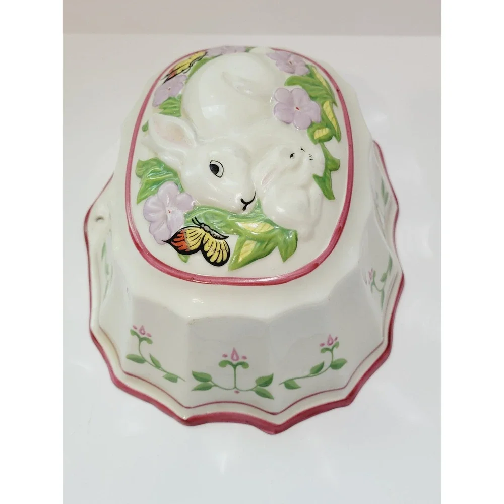 Franklin Mint Le Cordon Bleu Rabbit Jello Mold 1986 Ceramic White Pink Floral